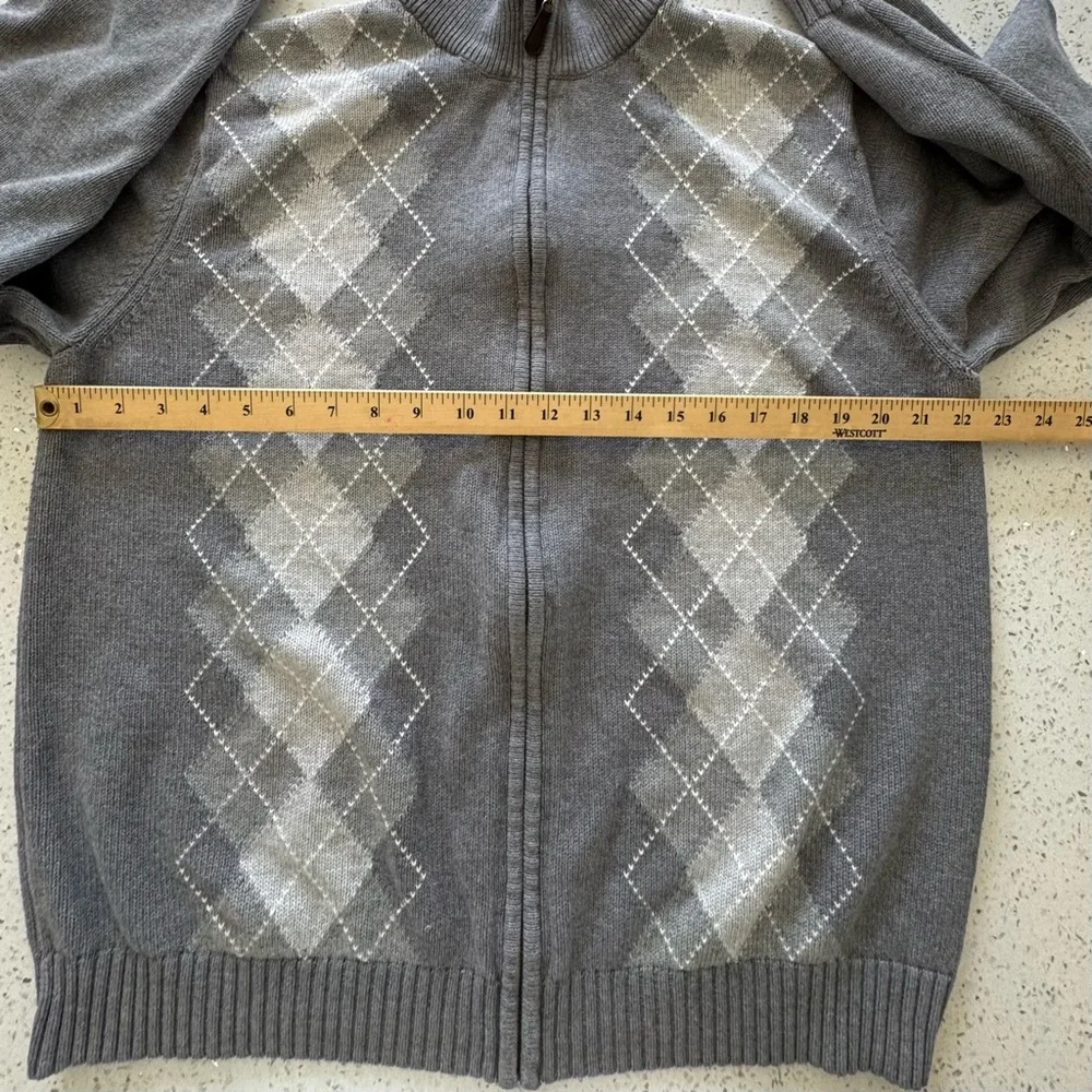 Cozy Men's Gray White Argyle Zip Up Long Sleeves‎ Sweater Cardigan Size Large